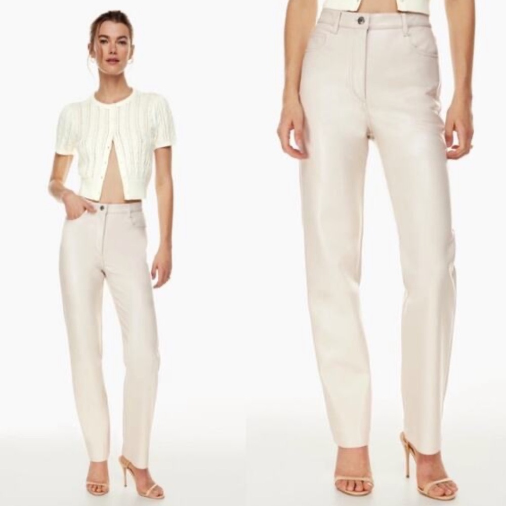 Aritzia Wilfred Melina Birch Ivory Vegan Leather Straight Leg Pants Siz